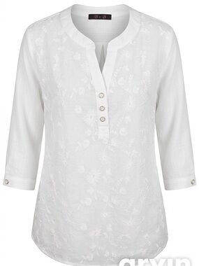 BsB White Embroidered Split-Neck Blouse